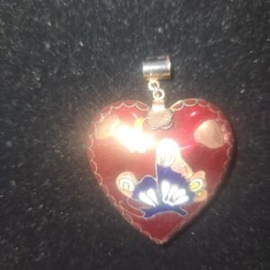 Red Heart Enamel Butterfly Flower Pendant Charm Cloisonne Style